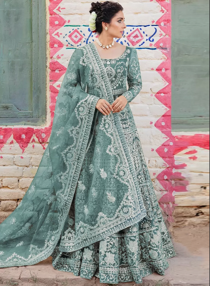 Green Net Bridal Pakistani Anarkali Suit Gown SFZ130878