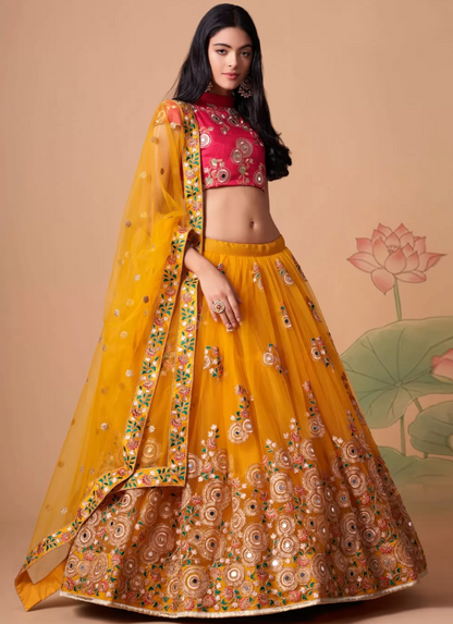 Pink Yellow Indian Partywear Net Lehenga Choli Set SFZ132137