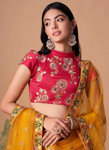 Pink Yellow Indian Partywear Net Lehenga Choli Set SFZ132137