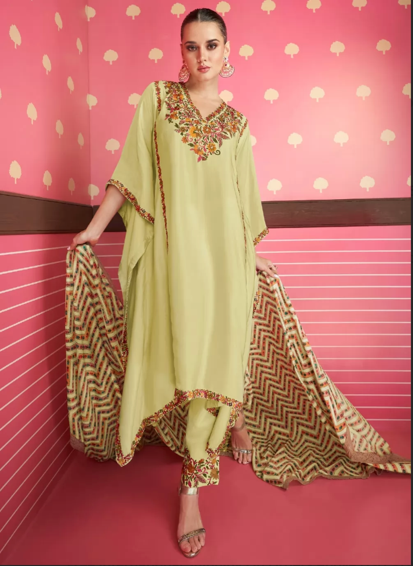Yellow Indian Pakistani Satin Pant Style Pakistani Salwar Kameez SFZ132361