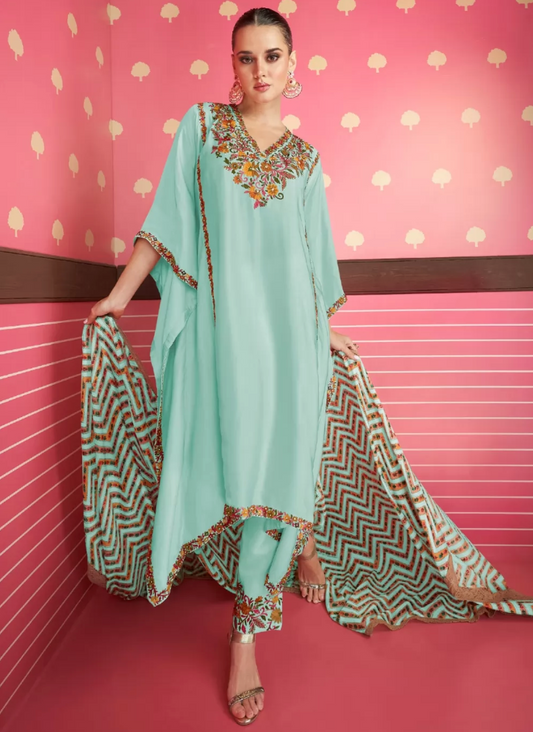 Blue Indian Pakistani Satin Pant Style Pakistani Salwar Kameez SFZ132360