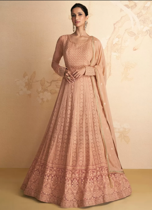 Peach Bridesmaid Anarkali Long Gown In Georgette SFZ132057