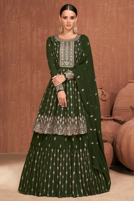 Buy Green Indian Pakistani Georgette Embroidered Lehenga Suit SFZ8982