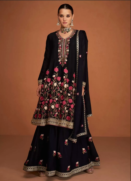 Black Indian Pakistani Wedding Palazzo Suit In Chinon SFZ133155