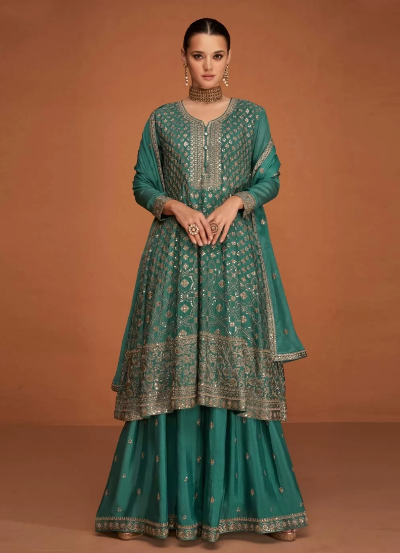 Green Indian Pakistani Wedding Palazzo Suit In Chinon SFZ133158