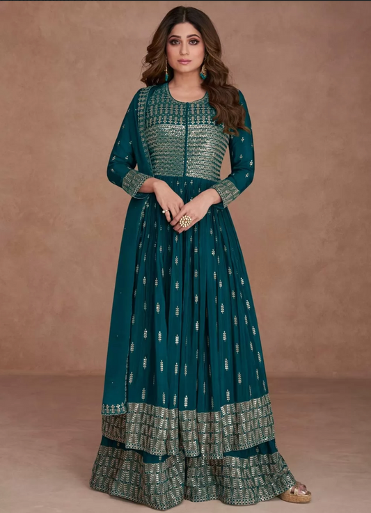 Green Indian Pakistani Wedding Palazzo Suit In Georgette SFZ132815