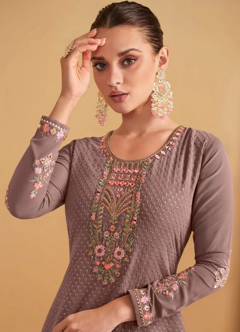 Brown Indian Pakistani Palazzo Suit In Georgette SFZ131980