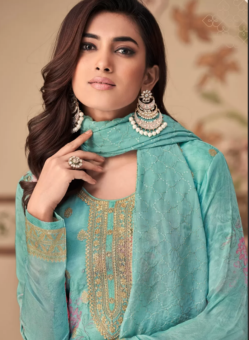 Blue Indian Pakistani Palazzo Suit In Jacquard  SFZ131903
