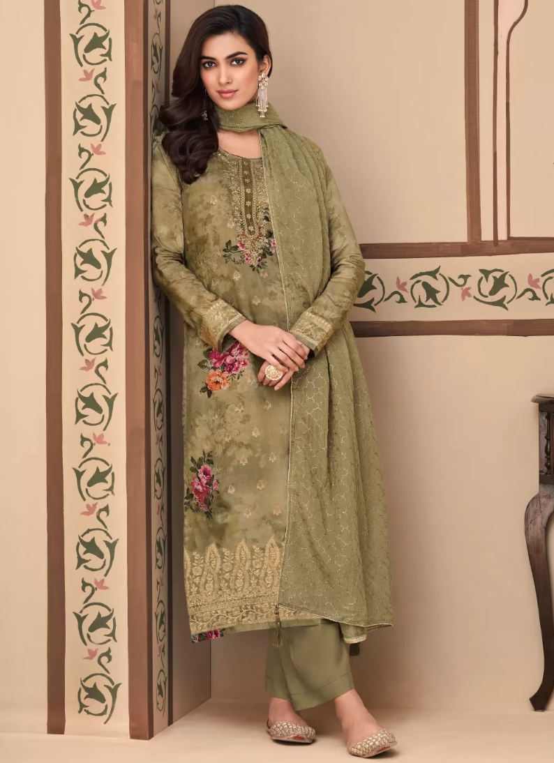 Green Indian Pakistani Palazzo Suit In Jacquard  SFZ131901