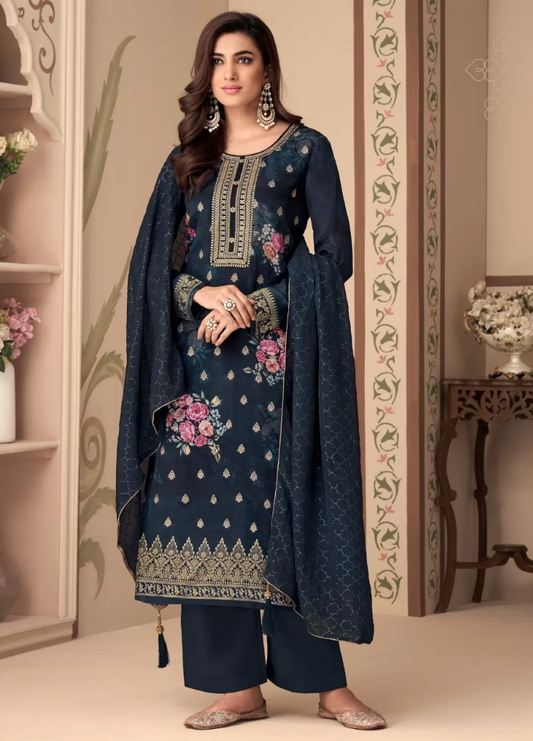 Blue Indian Pakistani Palazzo Suit In Jacquard  SFZ131900