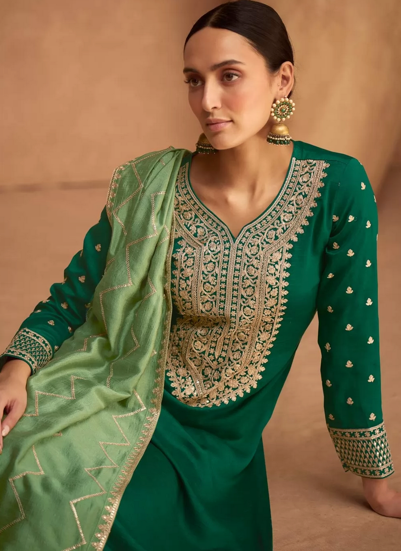 Green Indian Pakistani Palazzo Suit In Silk SFZ131096