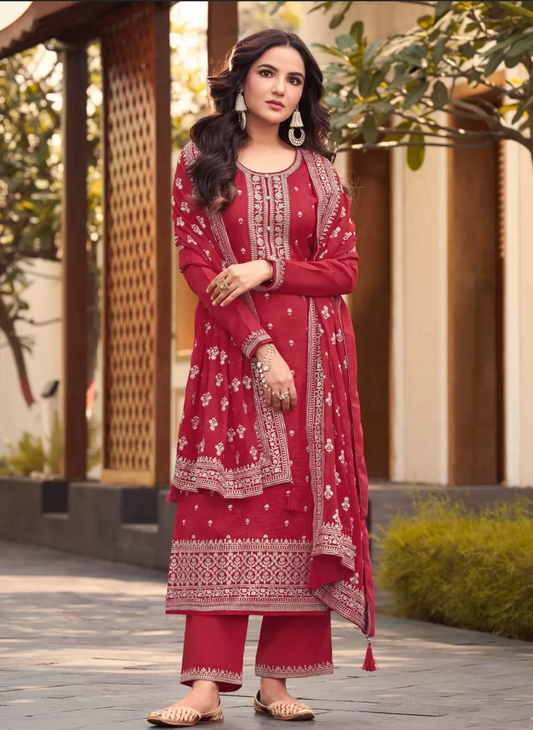 Red Silk Indian Pakistani Palazzo Suit In Silk SFZ132831