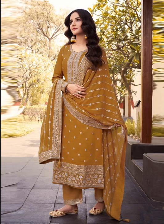 Yellow Mustard Silk Indian Pakistani Palazzo Suit In Silk SFZ132830