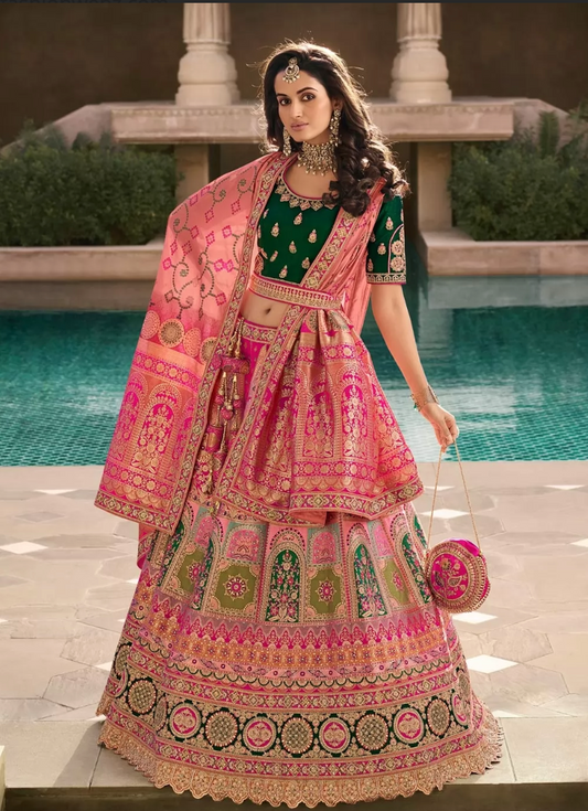 Green Pink Diamond Bridal Wedding Lehenga Banarasi Silk SFZ132801