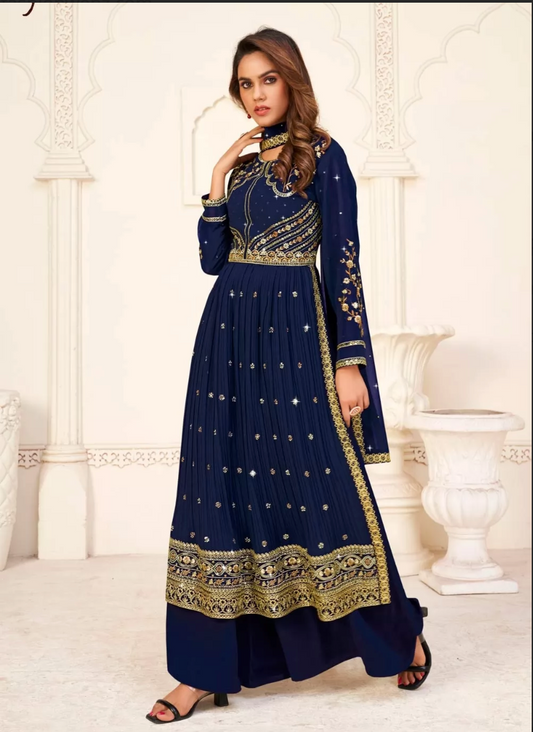 Blue Bridesmaid Palazzo Salwar Kameez Suit In Georgette SFZ133726