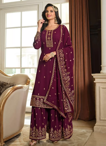 Wine Indian Pakistani Sequinned Sharara Suit in Georgette SFZ133430
