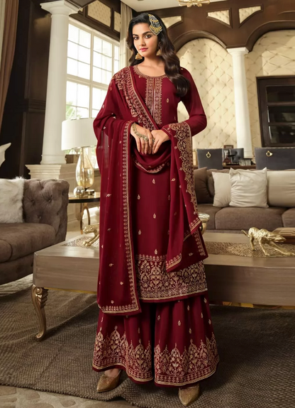 Maroon Indian Pakistani Sequinned Sharara Suit in Georgette SFZ133432