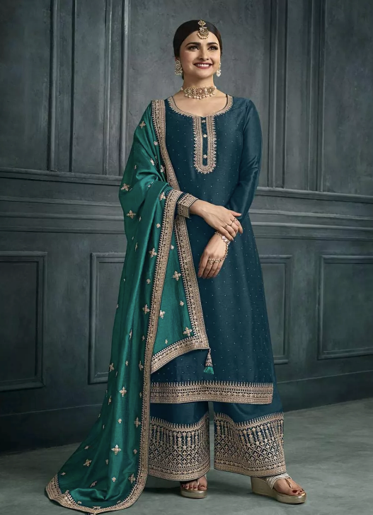 Prachi Desai Teal Indian Palazzo Sharara Suit in  Silk Georgette SFZ132851