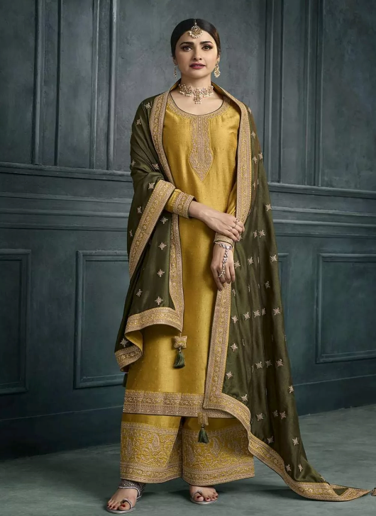 Prachi Desai Yellow Indian Palazzo Sharara Suit in  Silk Georgette SFZ132852