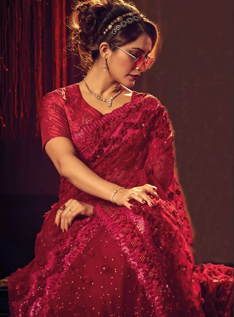 Hot Red Bridal Indian Pakistani Wedding Saree In Net SFZ132868