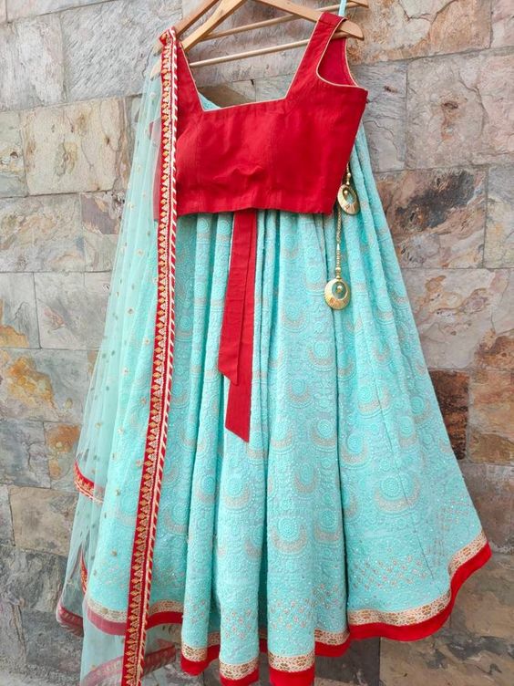 Seraphic  Blue Lehenga Choli Red Blouse In Chikankari INSPMAY223 - Siya Fashions