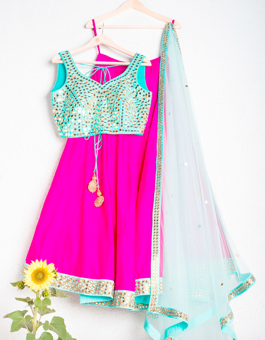 Seraphic Pink Blue Mirror Work Silk Lehenga Set INSPMAY230 - Siya Fashions