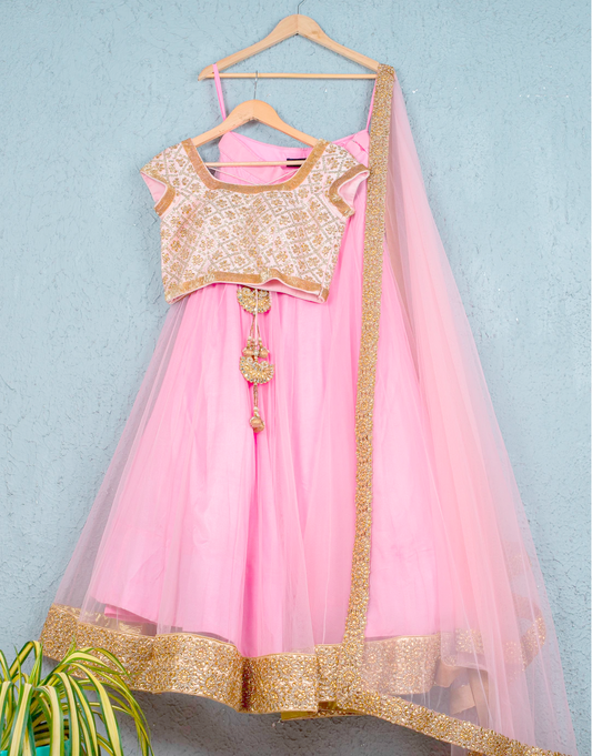 Seraphic Pink Lehenga Choli Gold Blouse In Net INSPMAY228 - Siya Fashions