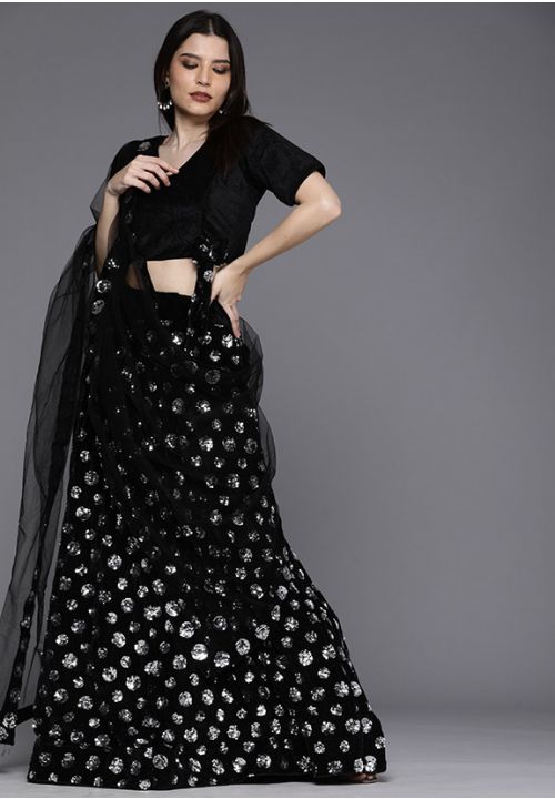 Silver Sequin Black Velvet Indian Wedding Party Lehenga Choli SFSHV9303 - Siya Fashions