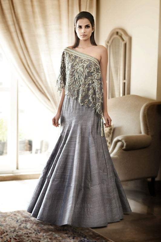 Silver Grey Wedding Lehenga Gown With Cape SFB4003 - Siya Fashions