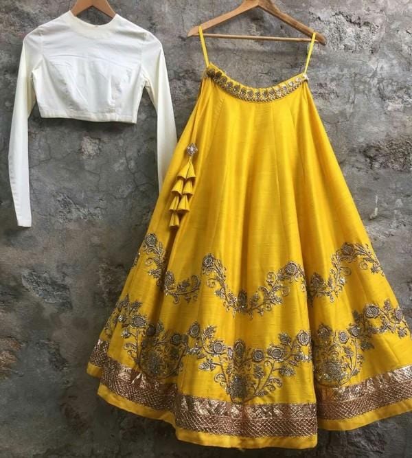 Pure Silk Yellow And White Zardosi Work Lehenga SFR5043 - Siya Fashions