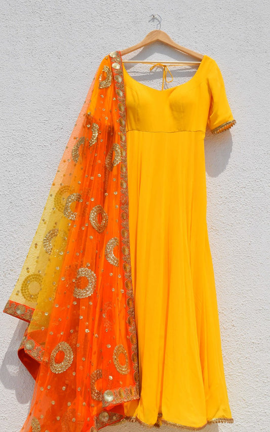 Delight Yellow Shaded Anarkali Wedding Suit With Pink Dupatta SFIN3210 - Siya Fashions