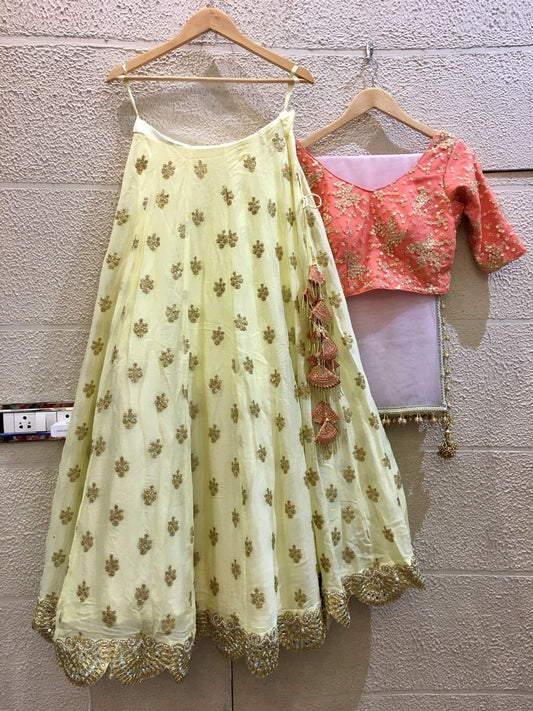 Siya Fashions Fully Stitched Lime Coral Lehenga In Silk SFB0022 - Siya Fashions