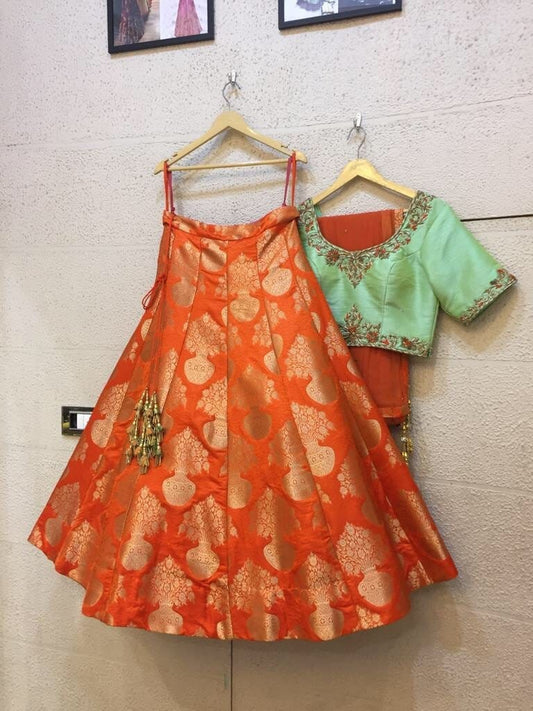 Siya Fashions Fully Stitched Orange Mint Silk Lehenga SFINS204 - Siya Fashions