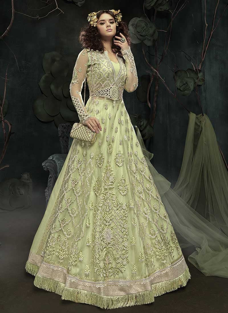 Distinctive Wedding Green Net Anarkali Suit Zari Work SF093 - Siya Fashions