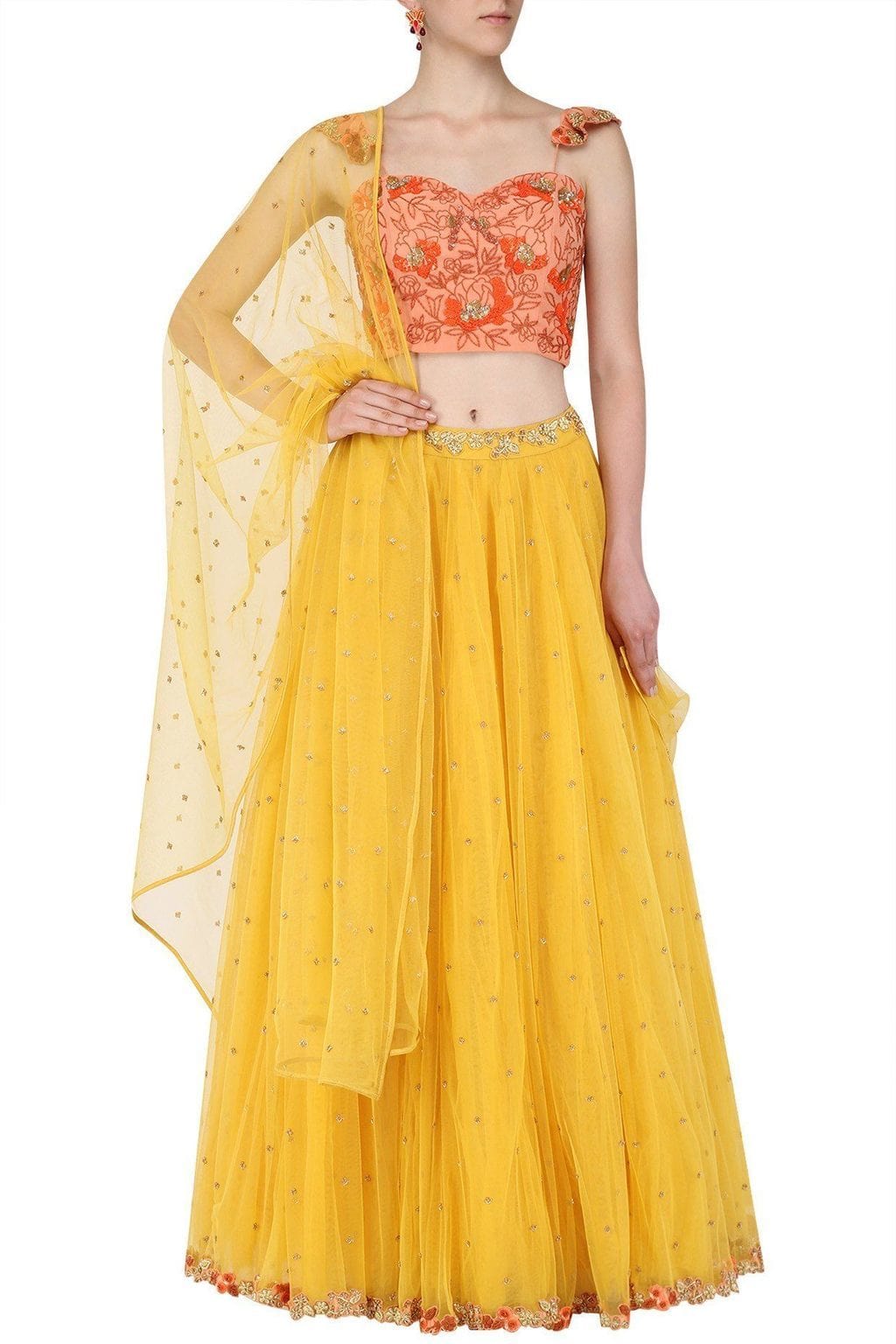 Orange Yellow Bespoke Embroidery Lehenga SFB5133 - Siya Fashions
