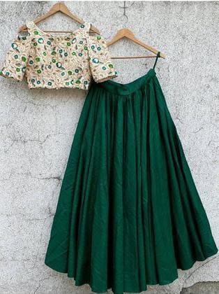 Raw Silk Green Lehenga Crop Top Blouse SF422 - Siya Fashions