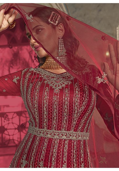 Maroon Bridal Wedding Long Anarkali Gown In Net SFSWG7603 - Siya Fashions