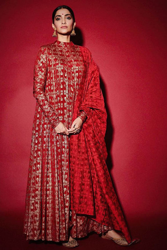 Sonam Kapoor Red Wedding Chanderi Silk Anarkali Set SFINSP42MB - Siya Fashions