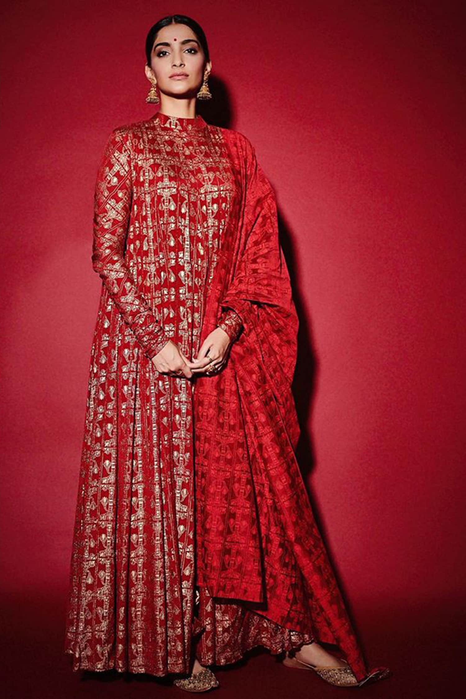 Sonam Kapoor Red Wedding Chanderi Silk Anarkali Set SFINSP42MB - Siya Fashions