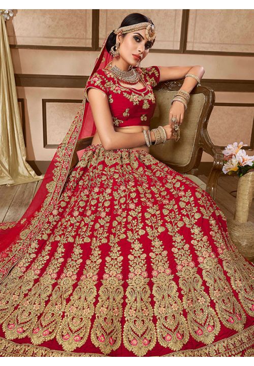 Stimulation Red Bridal Lehenga Choli In Velvet Fabric YDMAY632 - Siya Fashions
