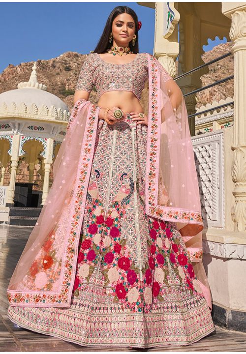 Substantial Pink Bridal Net Lehenga In Diamond Work SFANJ1660 - Siya Fashions