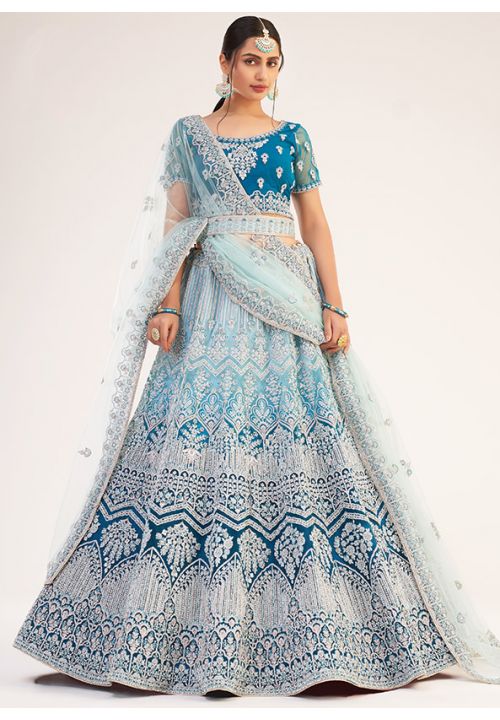 Succulent Blue Bridal Wedding Reception Lehenga In Net SFSA306504 - Siya Fashions