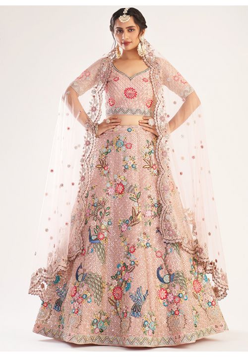 Succulent Blush Pink Bridal Wedding Reception Lehenga In Net SFSA306502 - Siya Fashions