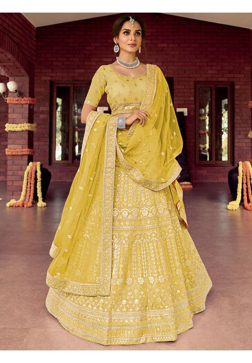 Sunny Yellow Bridal Reception Designer Lehenga In Raw Silk SFARY10820 - Siya Fashions