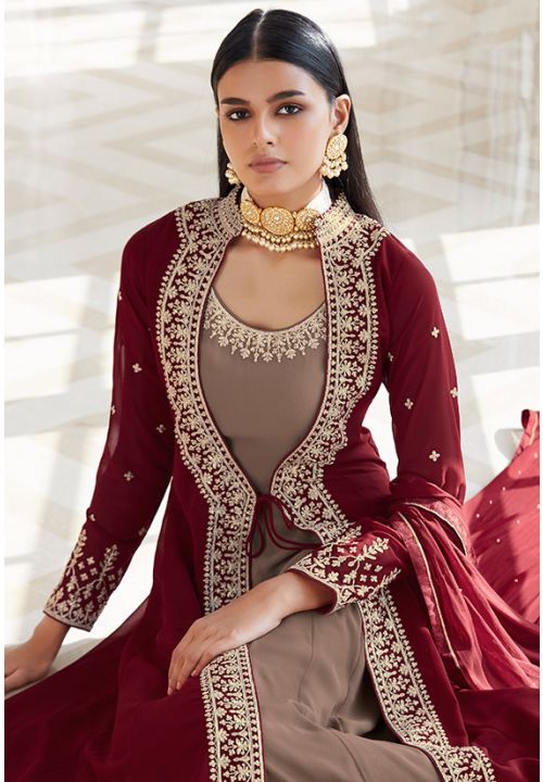 Taupe Wine Georgette Anarkali Long Suit With Jacket SFYS77901 - Siya Fashions