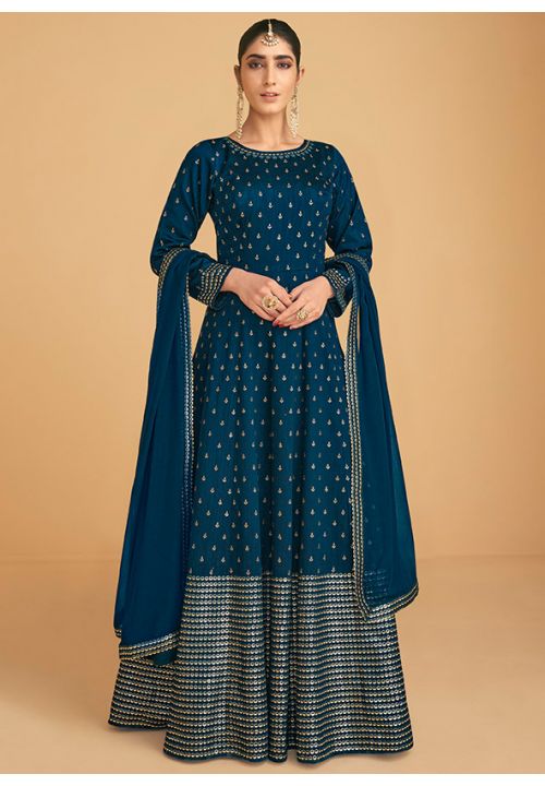 Teal Georgette Indian Pakistani Long Readymade Anarkali SFYS78604 - Siya Fashions