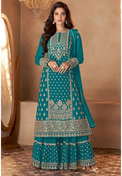 Teal Heavy Indian Pakistnai Wedding Palazzo Suit Georgette SFSA288105 - Siya Fashions