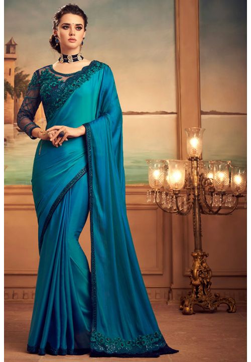 Teal Silk Evening Indian Saree SFSA250312 - Siya Fashions