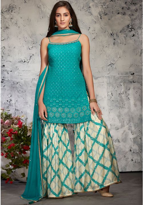 Turquoise Blue Wedding Party Sharara SFKN60302R - Siya Fashions