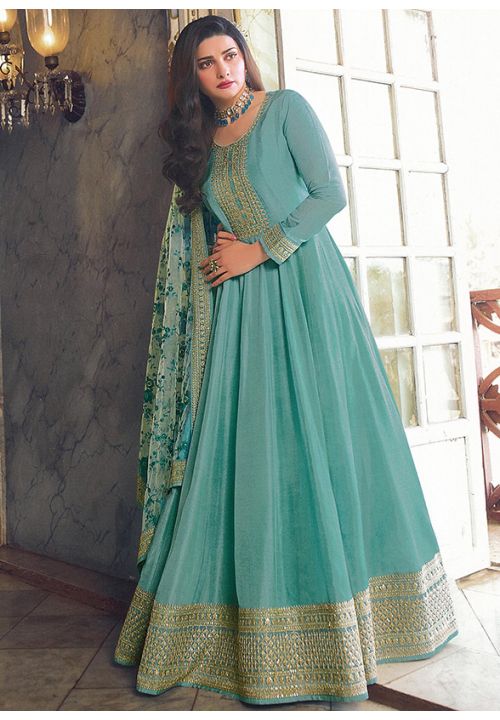 Turquoise Bollywood Prachi Desai Long Anarkali Sangeet Gown SFPRF162405 - Siya Fashions